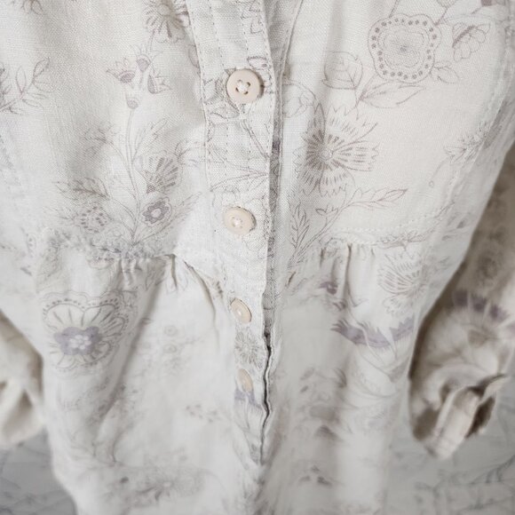 Marks & Spencer Beige Floral Print 100% Linen Popover Blouse - Picture 2 of 8